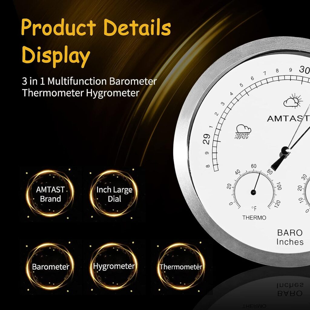 AMTAST 5.2 Diameter Dial Type Barometer Thermometer Hygrometer 3 in 1 Multifunction, Pure Mechanical Dial Barometric Pressure Weather Station (Imperial) AW007A