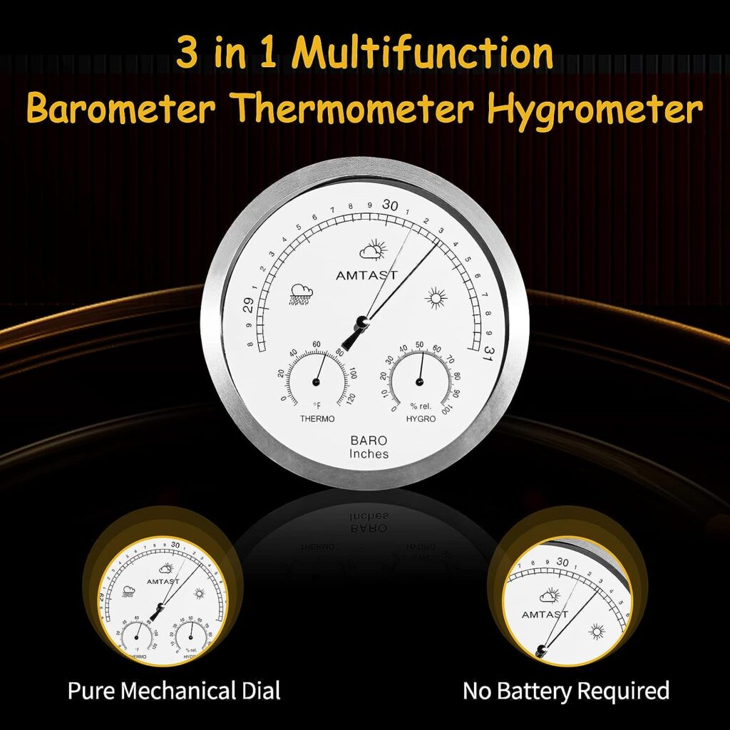 AMTAST 5.2 Diameter Dial Type Barometer Thermometer Hygrometer 3 in 1 Multifunction, Pure Mechanical Dial Barometric Pressure Weather Station (Imperial) AW007A