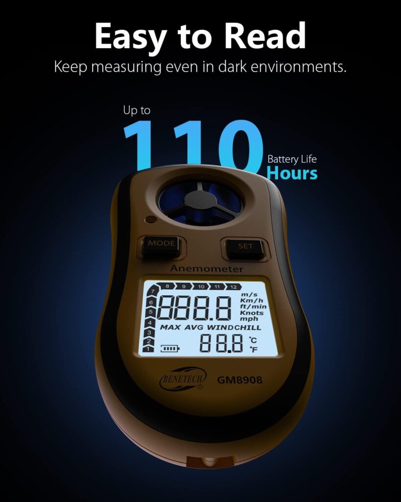 BENETECH Handheld Anemometer, Digital Wind Speed Meter Air Flow Meter, Air Flow Velocity Tester, Measuring Wind Speed Temperature and Wind Chill, Portable Wind Gauge for HAVC Drone Sailing Fishing