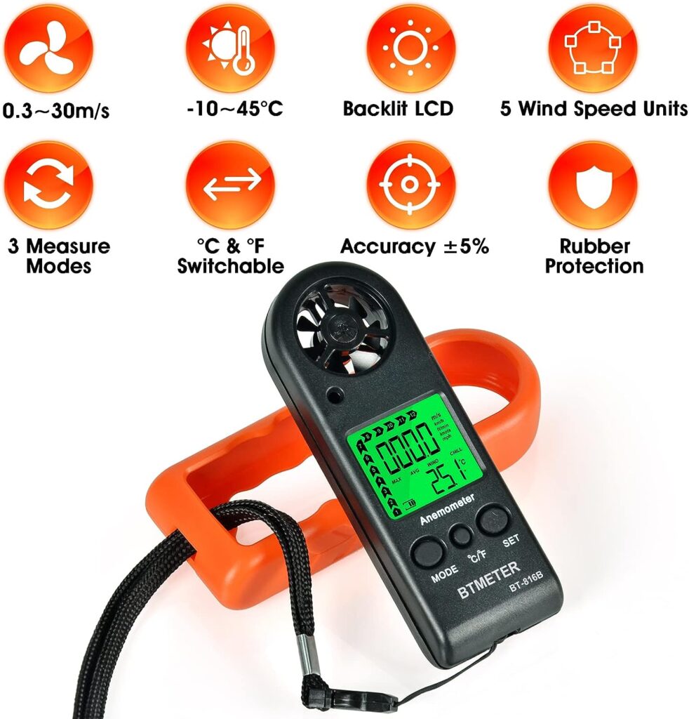 BTMETER BT-816B Handheld Anemometer, Compact Digital Wind Speed Meter Gauge for Air Velocity, Wind Temperature Test with LCD Backlight, Max/Average, Wind Chill