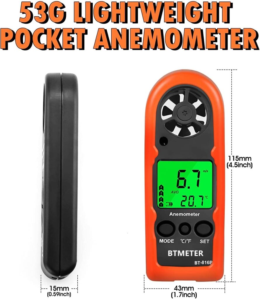 BTMETER BT-816B Handheld Anemometer, Compact Digital Wind Speed Meter Gauge for Air Velocity, Wind Temperature Test with LCD Backlight, Max/Average, Wind Chill