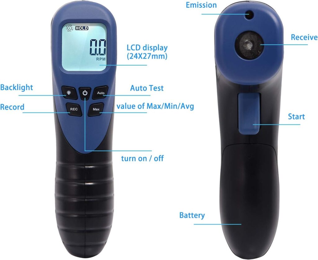 EHDIS Digital LCD Photo Tachometer Non-Contact RPM Meter Motor Speed Gauge Gun Style Includes 10 Reflective Tapes