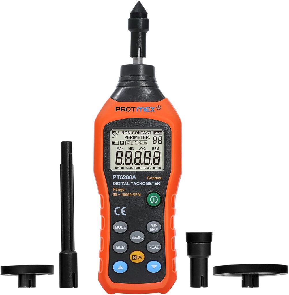 Protmex Digital Tachometer, 50-19999 RPM Contact Tachometer, 100 Groups Data Store Handheld Speed Meter with Backlight, Max/Min/AVG RPM Rotation Speed Gauge, PT6208A (Batteries Included)
