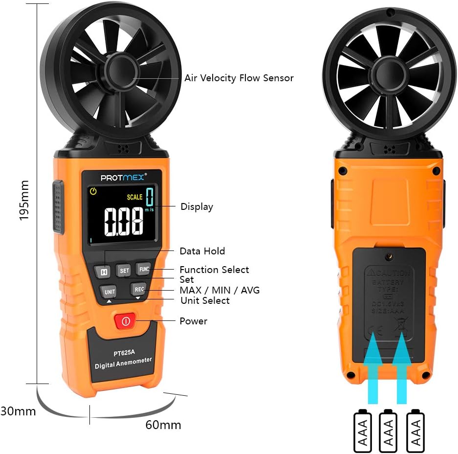 Protmex PT625A Handheld Anemometer Wind Speed, CFM Meter Wind Speed Meter, Airflow Gauge, Air Velocity Measuring Flow Meter for Indoor/Outdoor Min, Max, Avg, Data Hold
