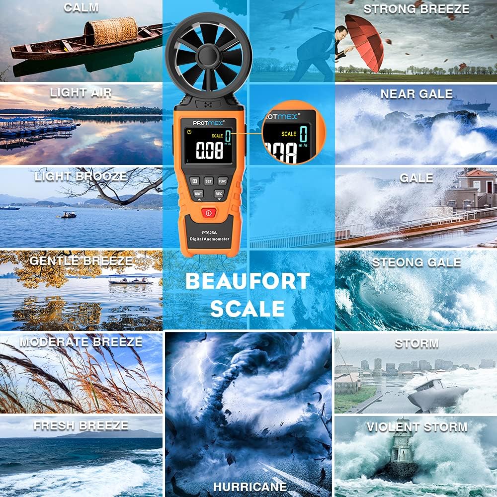 Protmex PT625A Handheld Anemometer Wind Speed, CFM Meter Wind Speed Meter, Airflow Gauge, Air Velocity Measuring Flow Meter for Indoor/Outdoor Min, Max, Avg, Data Hold