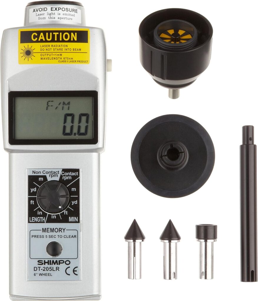 Shimpo DT-205LR Dual Contact/Non-Contact Handheld Tachometer with 6 Wheel, LCD Display, 6-99999rpm Range