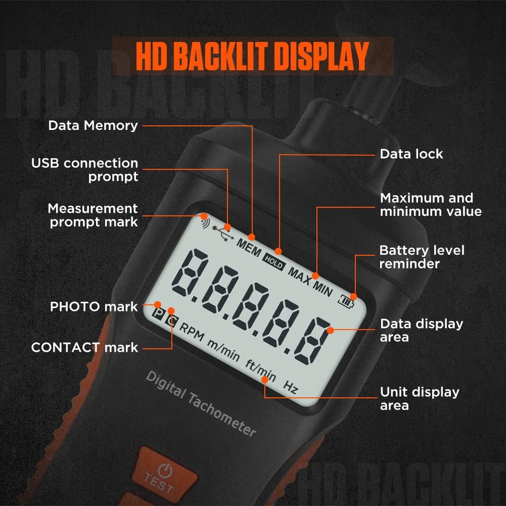 Tachometer Contact  Non-contact Digital Tachometer 4 Test Mode Laser Photo Tachometer 1.0～99999RPM High Accuracy RPM Tachometer with 4 Contact Probes, Backlit Display, Data Memory/Hold,Auto Power Off