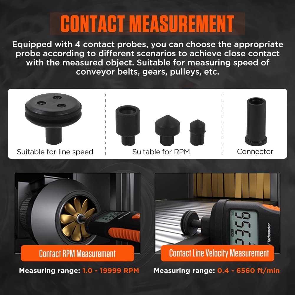 Tachometer Contact  Non-contact Digital Tachometer 4 Test Mode Laser Photo Tachometer 1.0～99999RPM High Accuracy RPM Tachometer with 4 Contact Probes, Backlit Display, Data Memory/Hold,Auto Power Off