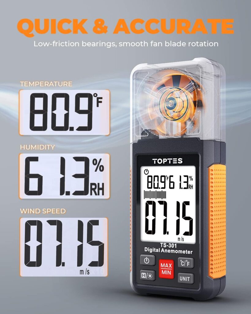 TopTes TS-301 Digital Anemometer, Wind Speed Meter with 2.26-inch Big Backlight LCD Screen, Air Flow Meter for Sailing Surfing Drone Flying RC Plane Golf Shooting HVAC