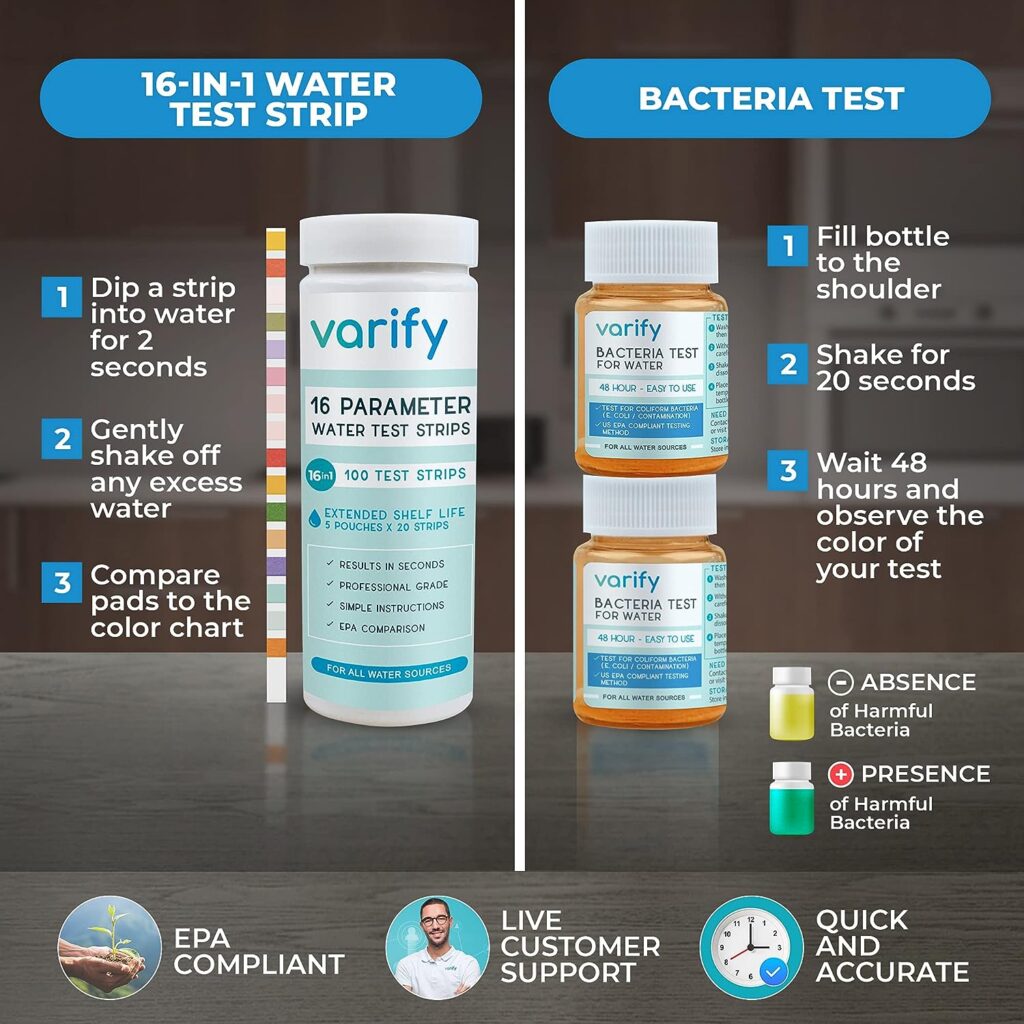 17 in 1 Premium Drinking Water Test Kit - 100 Strips + 2 Bacteria Tests - Home Water Quality Test - Well and Tap Water - Easy Testing for Lead, Bacteria, Hardness, Fluoride, pH, Iron, Copper and more!