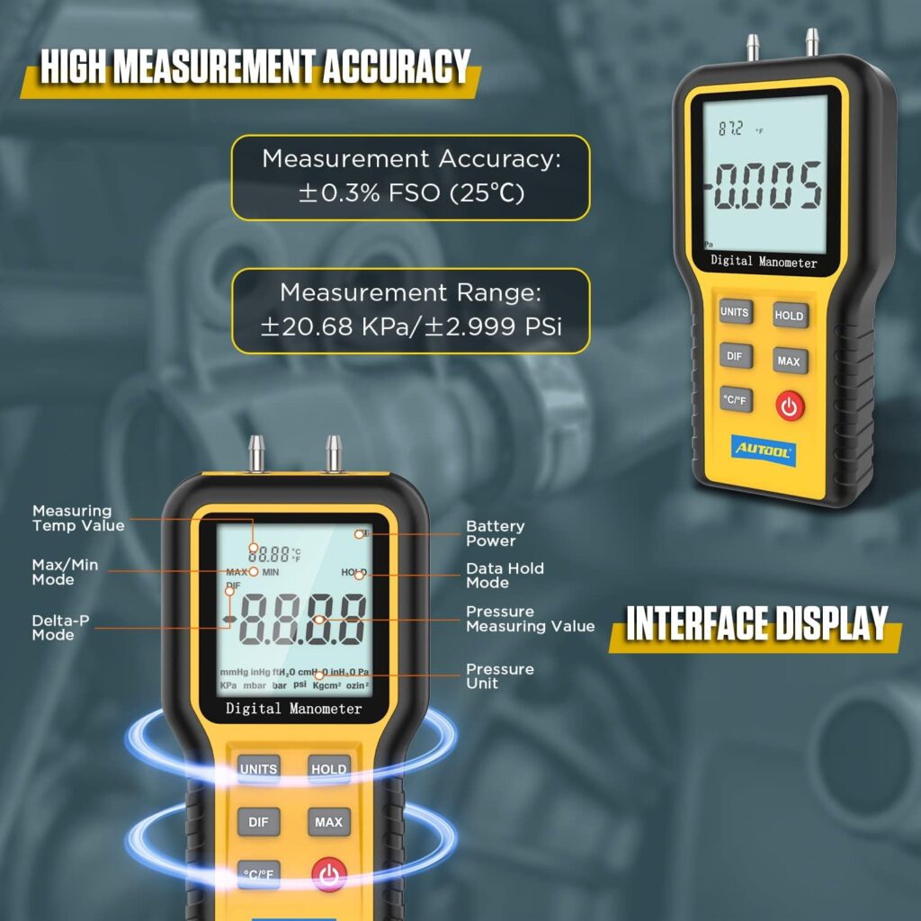 AUTOOL Digital Manometer, Dual-Port Manometer Gas Pressure Tester, Handheld HVAC Manometer, 12 Selectable Units Differential Pressure Gauge, Large LCD Display with Backlight