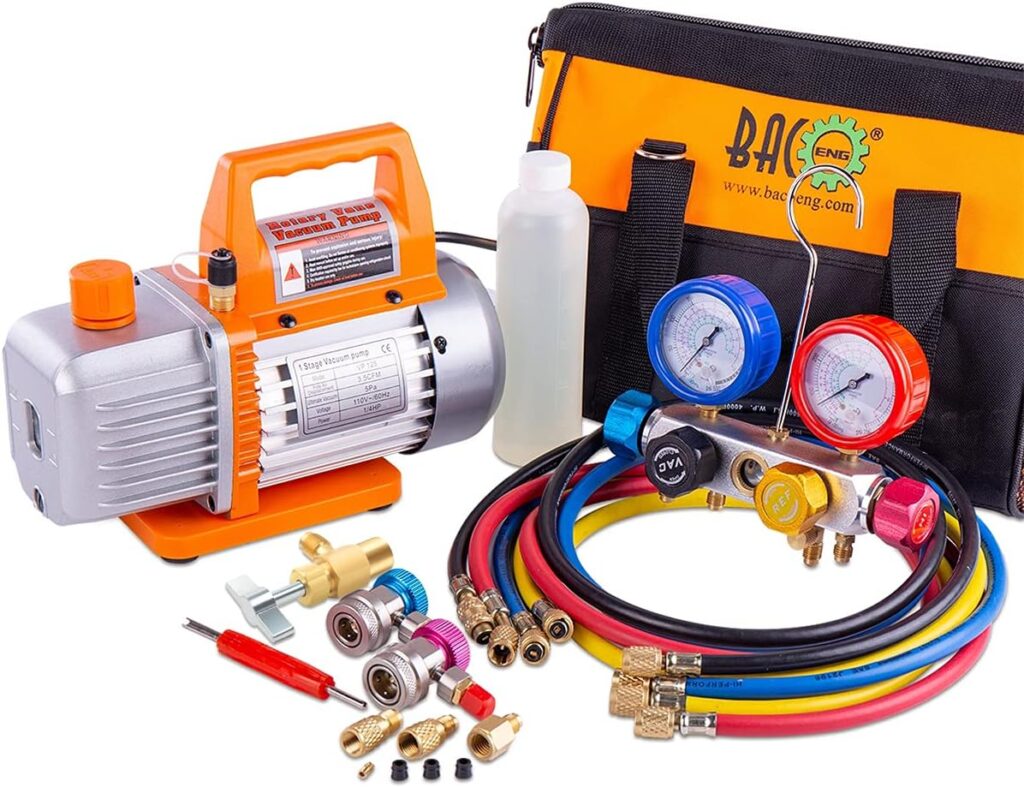 BACOENG Professional Vacuum Pump  Manifold Gauge Set - HVAC A/C Refrigeration Kit - Diagnostic R12 R22 R134a R410A - w/Case