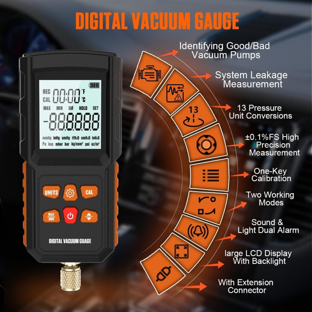 Digital Vacuum Gauge 0-750000microns Range Micron Gauge HVAC Vacuum Gauge 13 Units Vacuum Gauge Automotive 7/16-20UNF(1/4 SAE) HVAC Micron Gauge Vacuum Tester with Alarm,Extension Connector