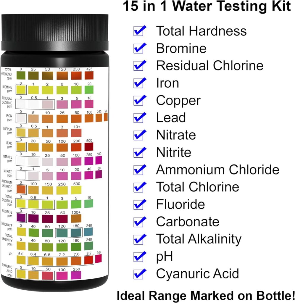 Drinking Water Test Kit - 15-in-1 Chlorine Drinking Water Test Strips with eBook - Lead Testing Kits for Drinking Water - Test Iron, Bromine, pH, Hardness, and More - 100 Tests - JNW Direct