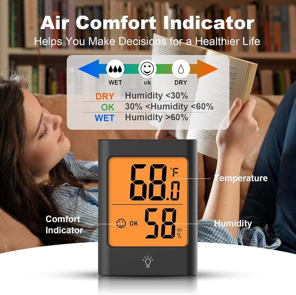 KJCOOSWI Indoor Thermometer for Home, 2pack Hygrometer Humidity Meter Humidity Sensor with Backlight for Bedroom Greenhouse Garage.
