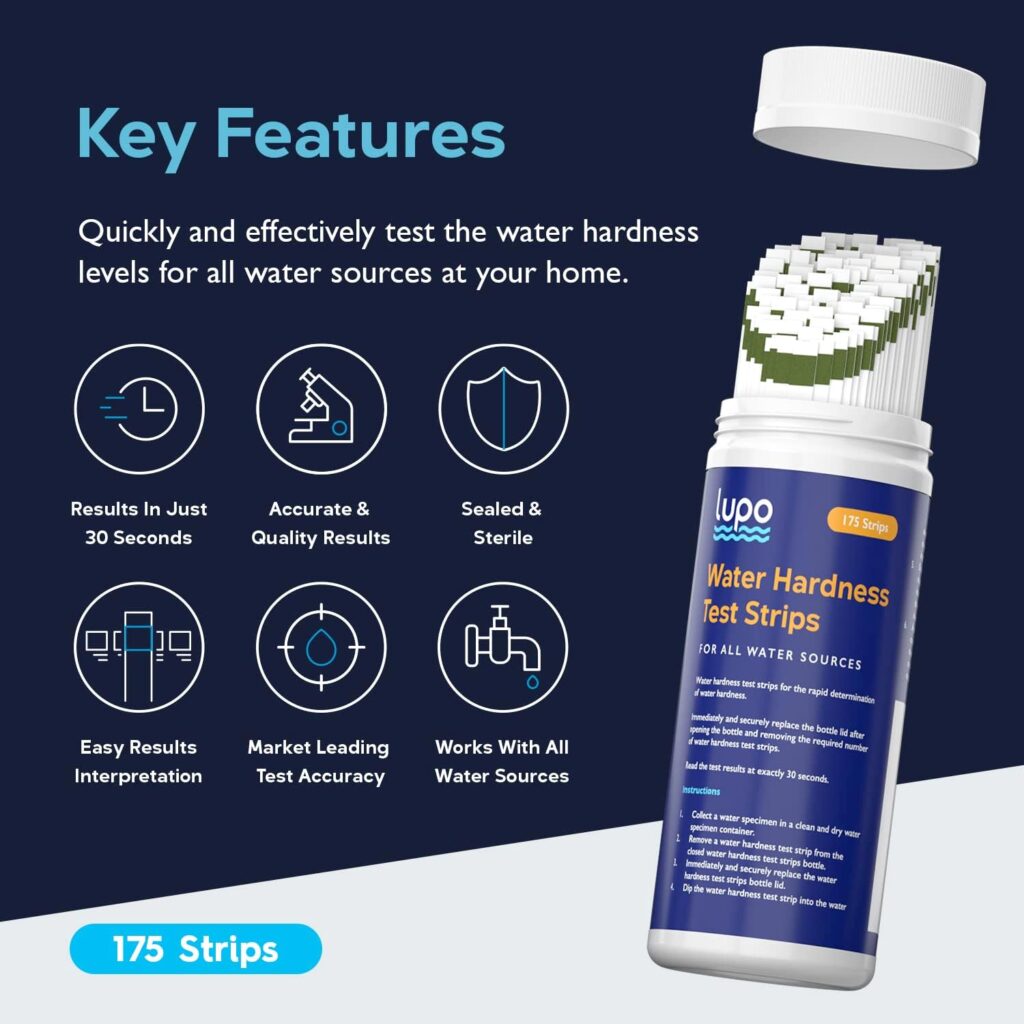 Lupo Premium Water Hardness Test Kit | Quick  Accurate Hard Water Test Kit for Measuring Water Hardness from All Water Sources | 0-425 ppm (Calcium Carbonate) | Large Pack Size: 175 Test Strips