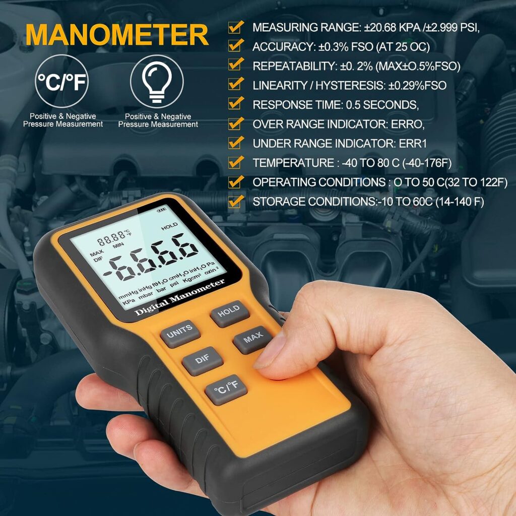 Manometer, Professional Air Pressure Meter, Dual-Port Manometer Gas Pressure Tester,12 Selectable Units Differential Pressure Gauge, HVAC Digital Manometer, Gas Pressure Tester (Included Battery)