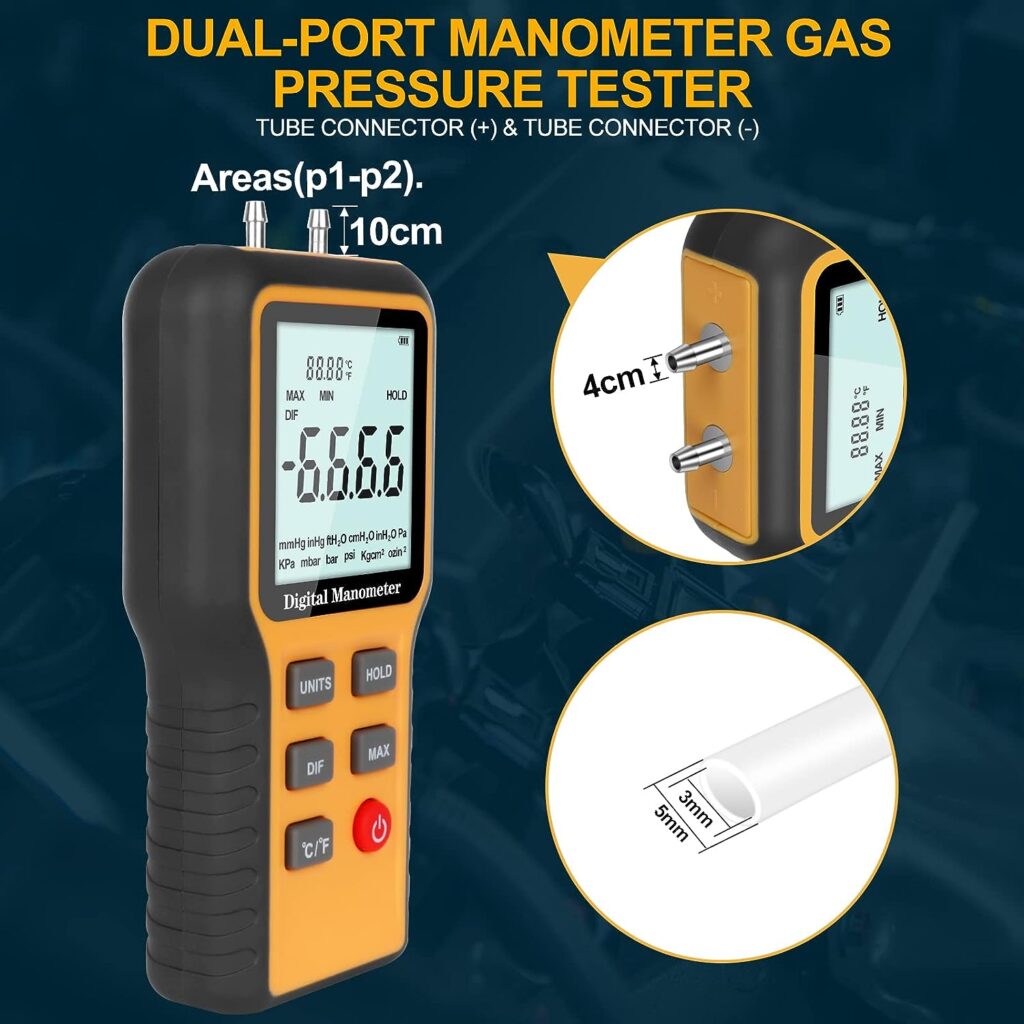 Manometer, Professional Air Pressure Meter, Dual-Port Manometer Gas Pressure Tester,12 Selectable Units Differential Pressure Gauge, HVAC Digital Manometer, Gas Pressure Tester (Included Battery)