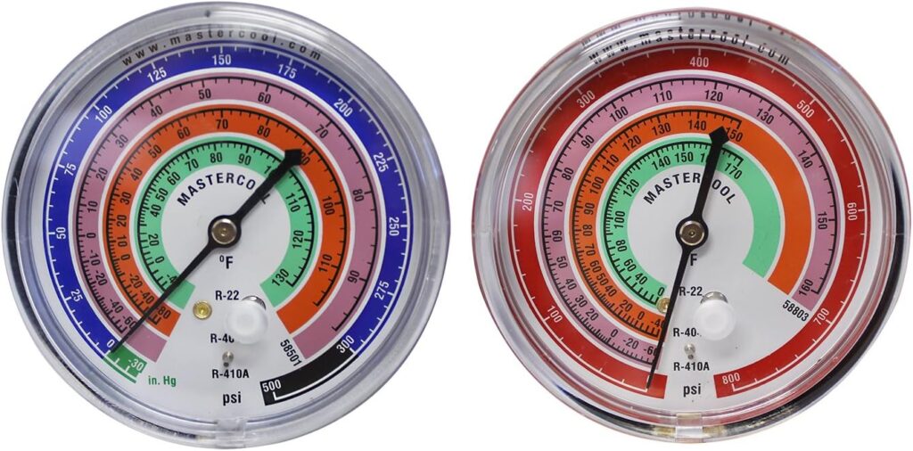 Mastercool 59161 Brass R410A, R22, R404A 2-Way Manifold Gauge Set with 3-1/8 Inch Gauges, 3-60 Inch Hoses and Standard 1/4 Inch Fittings