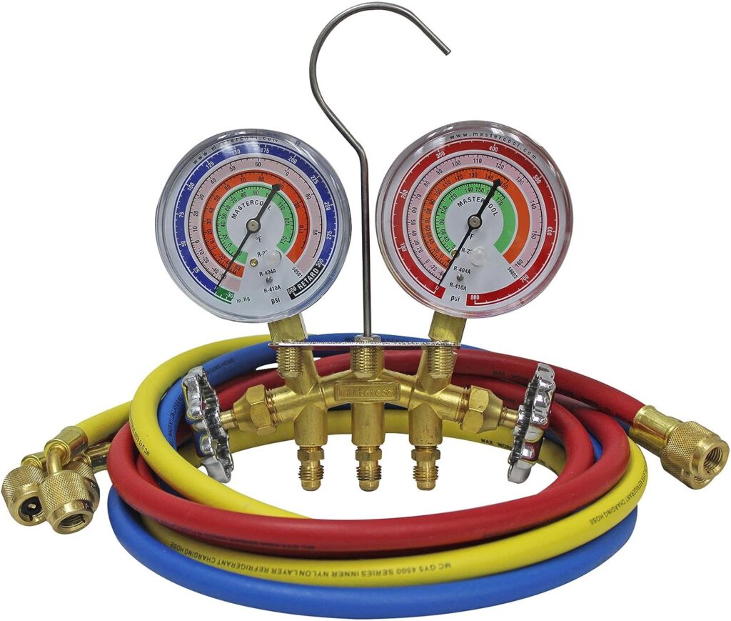 Mastercool 59161 Brass R410A, R22, R404A 2-Way Manifold Gauge Set with 3-1/8 Inch Gauges, 3-60 Inch Hoses and Standard 1/4 Inch Fittings