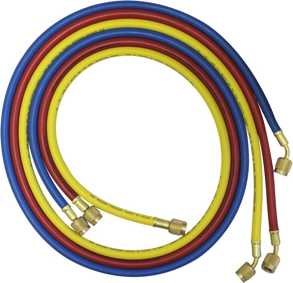 Mastercool 59161 Brass R410A, R22, R404A 2-Way Manifold Gauge Set with 3-1/8 Inch Gauges, 3-60 Inch Hoses and Standard 1/4 Inch Fittings