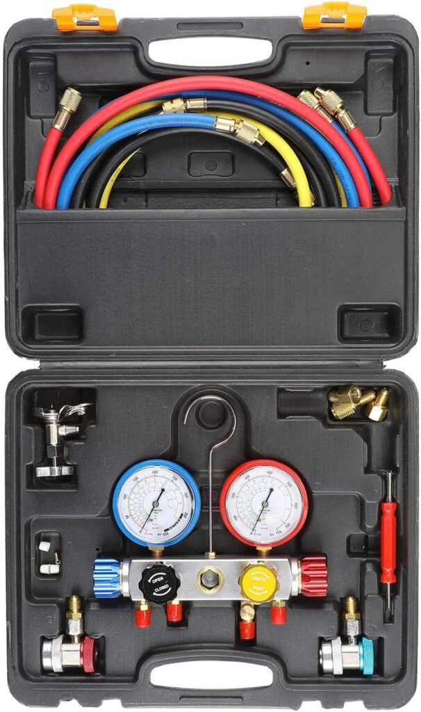 OMT 4 Way AC Diagnostic Manifold Gauge Set, Fits R134A R410A and R22 Refrigerants, with 5FT Hose, 3 Tank Adapters, Adjustable Couplers and Can Tap