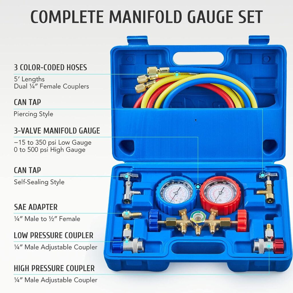Orion Motor Tech AC Gauges, AC Manifold Gauge Set for R134a R12 R502 Refrigerant, 3 Way Car with 5FT Hoses Couplers  Adapter, Puncturing  Self Sealing Can Tap Freon Charge Kit