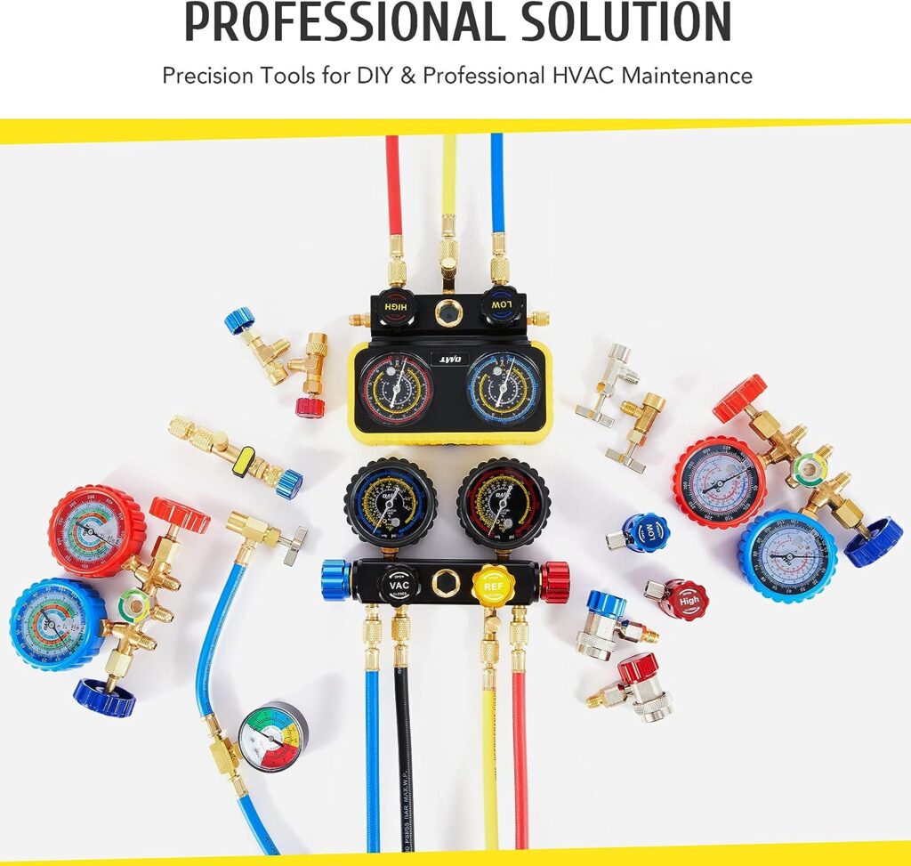 Orion Motor Tech AC Gauges, AC Manifold Gauge Set for R134a R12 R502 Refrigerant, 3 Way Car with 5FT Hoses Couplers  Adapter, Puncturing  Self Sealing Can Tap Freon Charge Kit