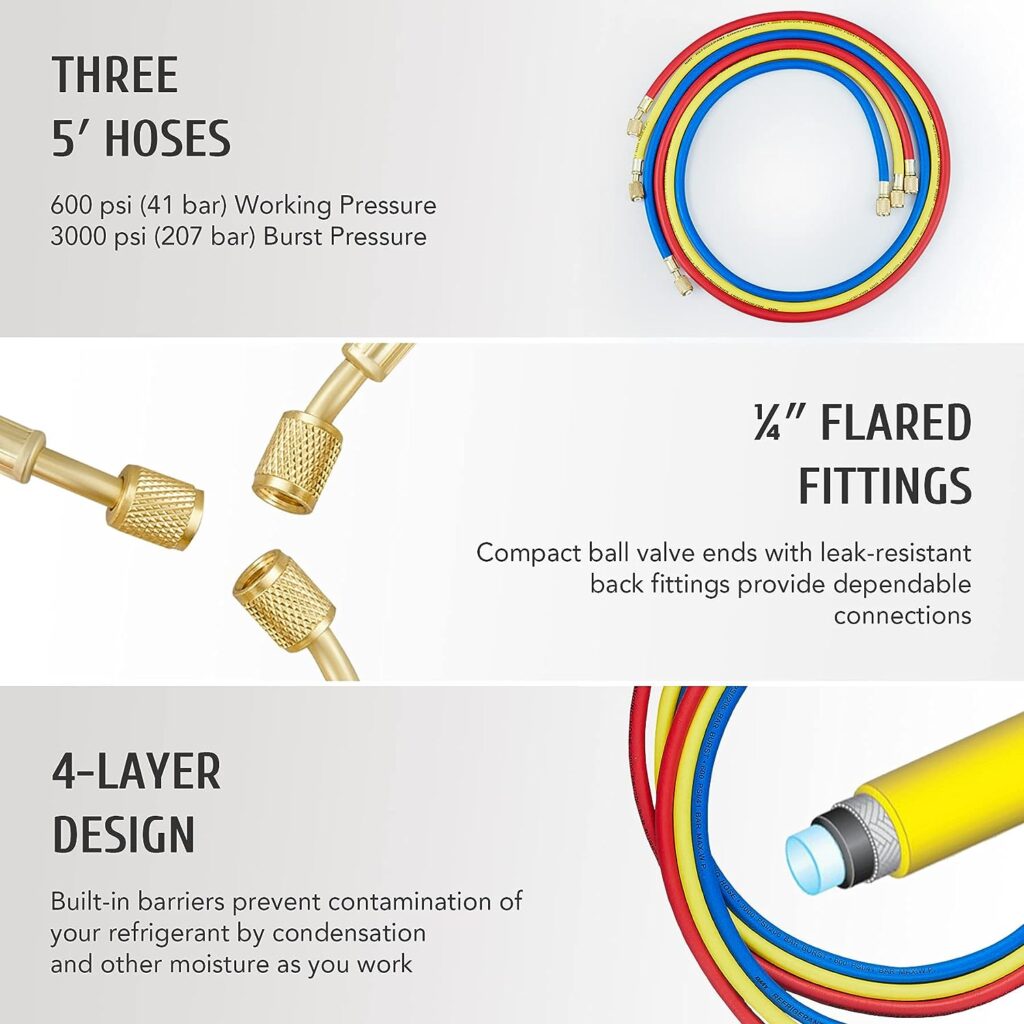 Orion Motor Tech AC Gauges, AC Manifold Gauge Set for R134a R12 R502 Refrigerant, 3 Way Car with 5FT Hoses Couplers  Adapter, Puncturing  Self Sealing Can Tap Freon Charge Kit