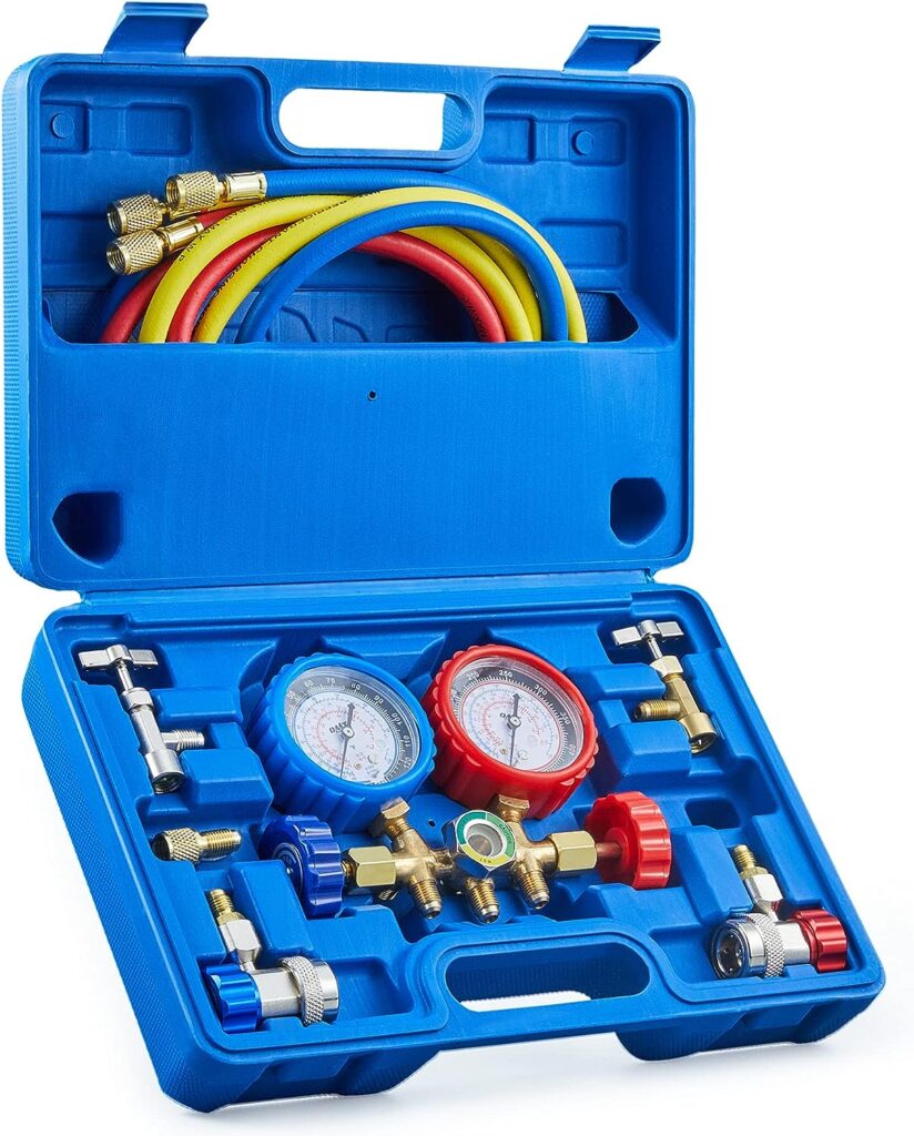 Orion Motor Tech AC Gauges, AC Manifold Gauge Set for R134a R12 R502 Refrigerant, 3 Way Car with 5FT Hoses Couplers  Adapter, Puncturing  Self Sealing Can Tap Freon Charge Kit