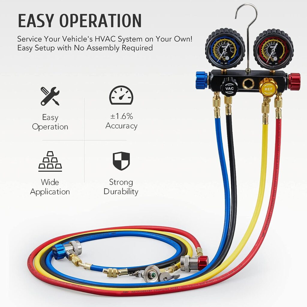 Orion Motor Tech OMT 4 Way AC Gauge Set, AC Manifold Gauge Set for R410a R22 R134a Refrigerant, 4 Valve Automotive AC Gauges with 5ft Hoses, R410a Adapters, Can Tap
