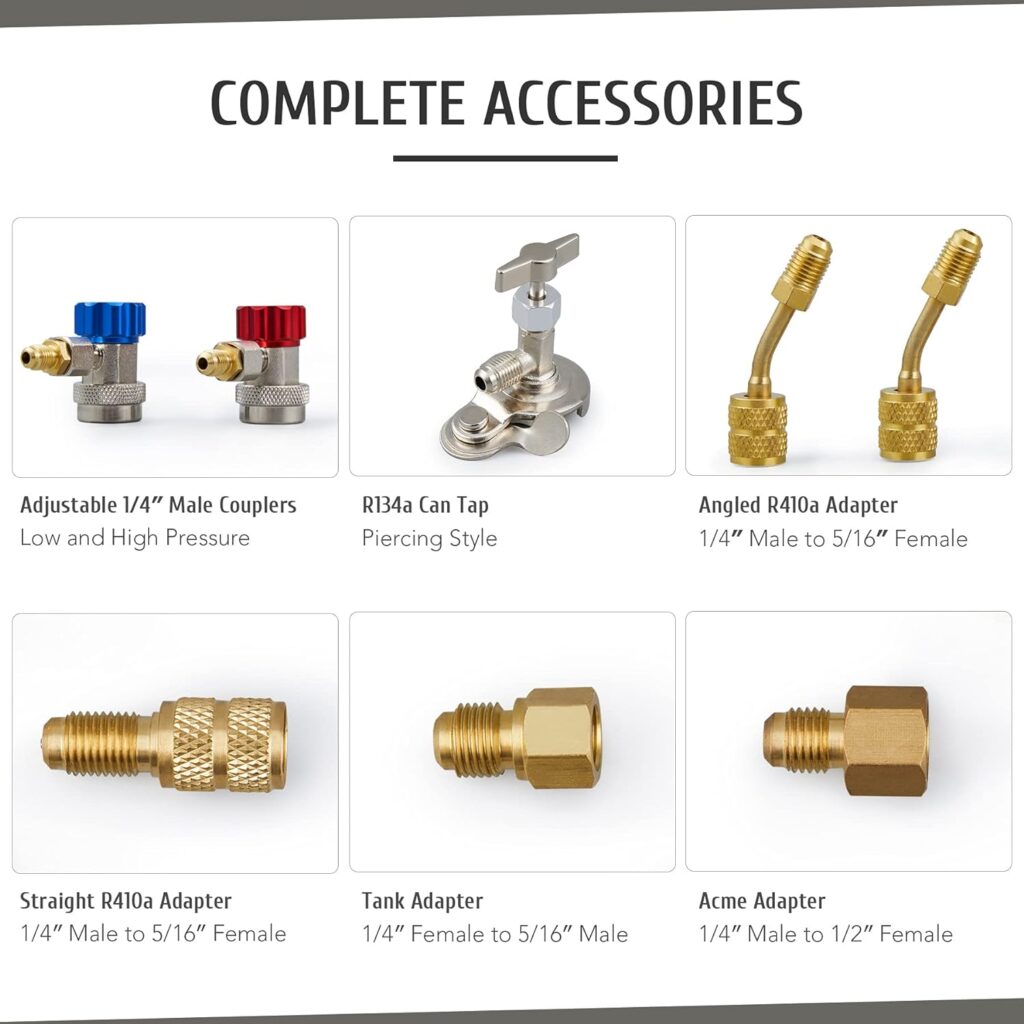 Orion Motor Tech OMT 4 Way AC Gauge Set, AC Manifold Gauge Set for R410a R22 R134a Refrigerant, 4 Valve Automotive AC Gauges with 5ft Hoses, R410a Adapters, Can Tap