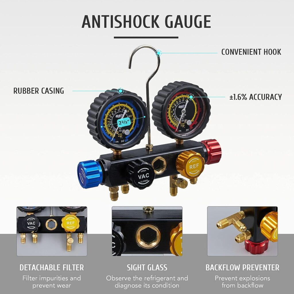 Orion Motor Tech OMT 4 Way AC Gauge Set, AC Manifold Gauge Set for R410a R22 R134a Refrigerant, 4 Valve Automotive AC Gauges with 5ft Hoses, R410a Adapters, Can Tap