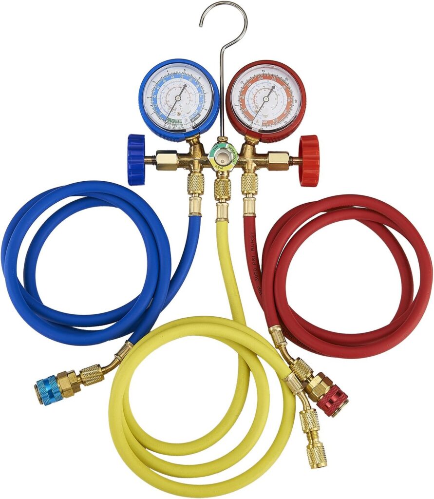 Orion Motor Tech OMT 5FT AC Diagnostic Manifold Freon Gauge Set Fits for R134A R12, R22, R502, with Couplers, Adapter for Car A/C System Automotive Air Conditioning Maintenance