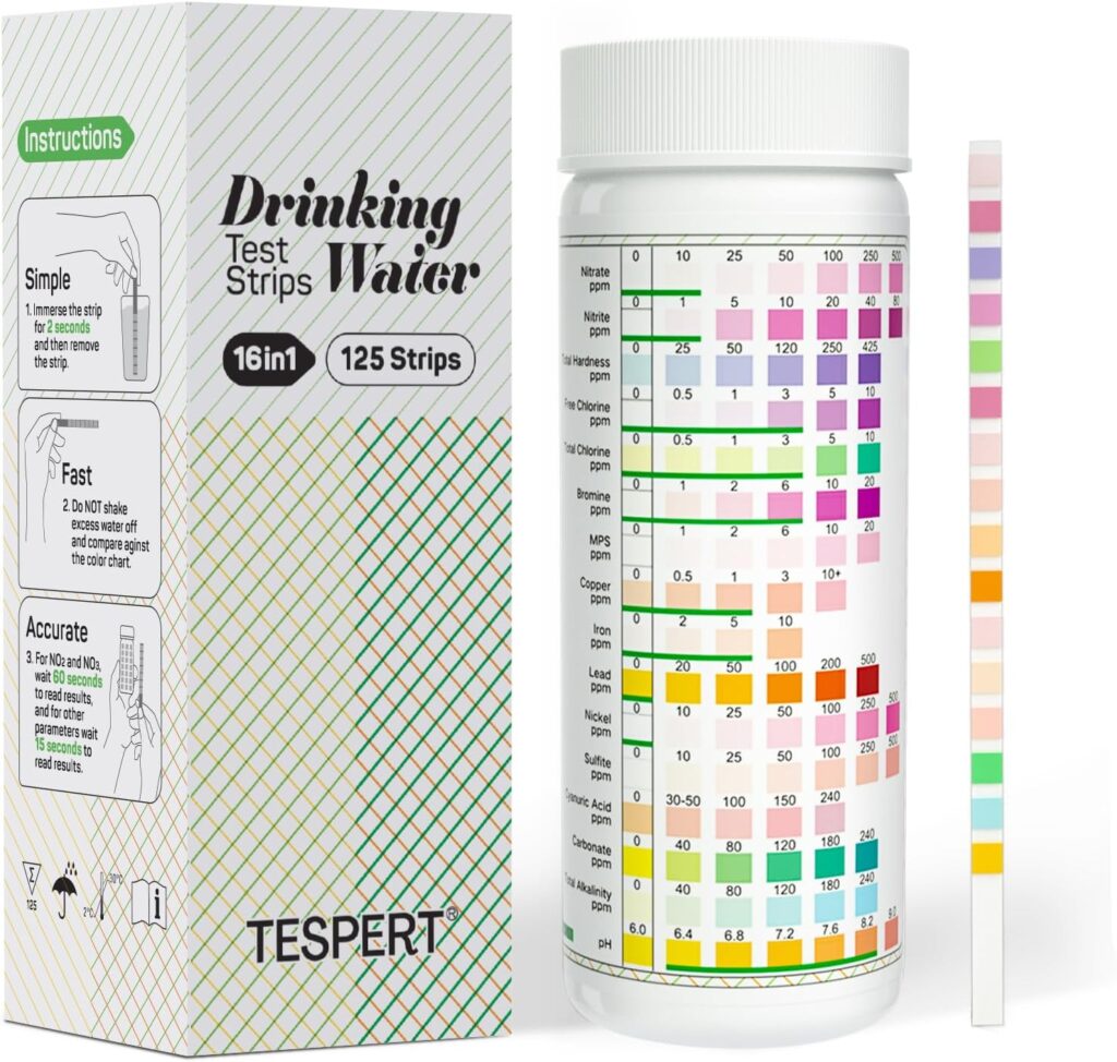 Water Testing Kits for Drinking Water: 125 Strips 16 in 1 Well and Drinking Water Test Kit, TESPERT Water Test Strips with Hardness, pH, Lead, Iron, Copper, Chlorine, and More Water Testing Kits for Drinking Water: 125 Strips 16 in 1 Well and Drinking Water Test Kit, TESPERT Water Test Strips with Hardness, pH, Lead, Iron, Copper, Chlorine, and More