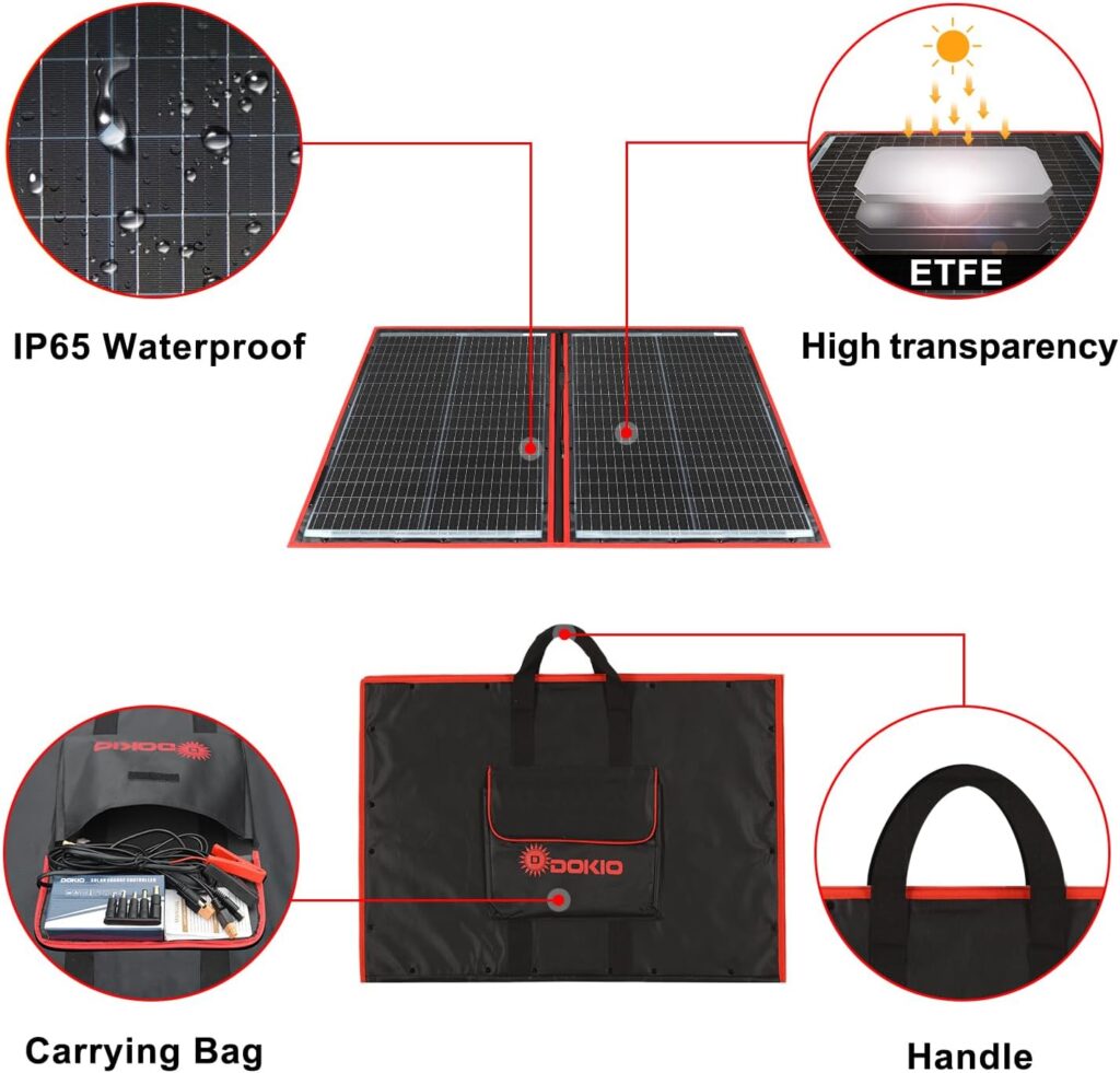 Dokio 110w 18v Portable Foldable Solar Panel Kit (21x28inch, 5.9lb),Solar Controller 2 USB Output to Charge 12v Batteries/Power Station (AGM, Lifepo4,Jackery) Rv Camping Trailer Emergency Power