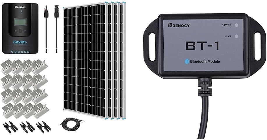 Renogy 400 Watt 12 Volt Monocrystalline Starter Kit  Bluetooth Module RJ12 Communication Port Compatible Rover/Wanderer/Adventurer Charge Controllers, BT-1 RS232