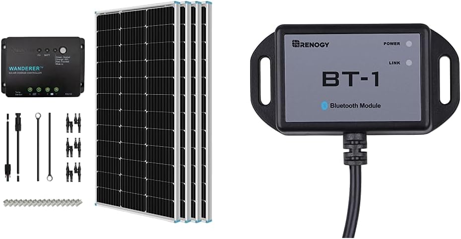 Renogy 400 Watt 12 Volt Solar Panel Starter Kit with 4 pcs 100W Monocrystalline Solar Panel and 30A  Bluetooth Module RJ12 Communication Port Compatible Rover/Wanderer/Adventurer Charge Controllers