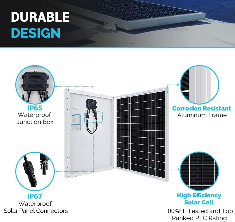 Renogy 50 Watt 12V Solar Panel 10A 12/24V PWM LCD Charge Controller, Adaptor kit, Tray Cables, 50W, 5V USB Ports, for RVs,Boats,Trailers,Sheds,Cabins and Any Off Grid System
