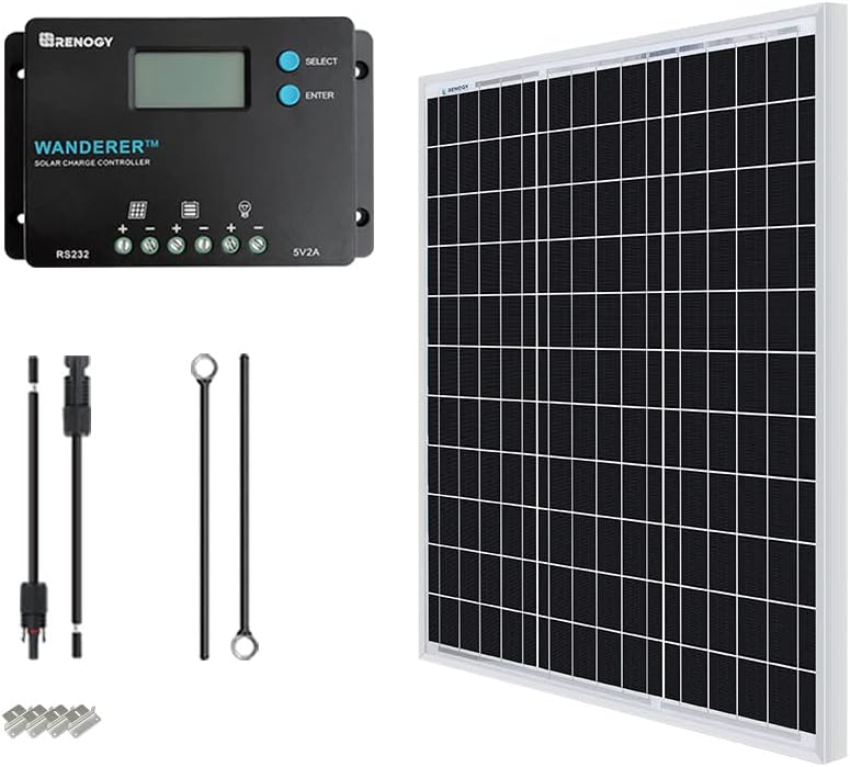 Renogy 50 Watt 12V Solar Panel 10A 12/24V PWM LCD Charge Controller, Adaptor kit, Tray Cables, 50W, 5V USB Ports, for RVs,Boats,Trailers,Sheds,Cabins and Any Off Grid System