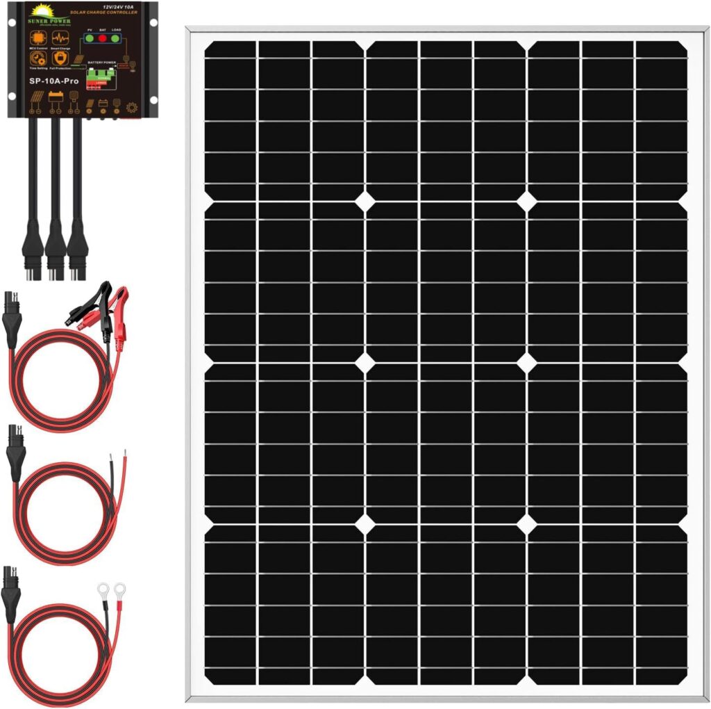 SUNER POWER 50 Watts Mono Crystalline 12V Solar Panel Kits - Waterproof 50W Solar Panel + Upgraded 10A Solar Charge Controller + 3-PCS SAE Cable Adapters for Car RV Marine Boat Trailer Off Grid System SUNER POWER 50 Watts Mono Crystalline 12V Solar Panel Kits - Waterproof 50W Solar Panel + Upgraded 10A Solar Charge Controller + 3-PCS SAE Cable Adapters for Car RV Marine Boat Trailer Off Grid System