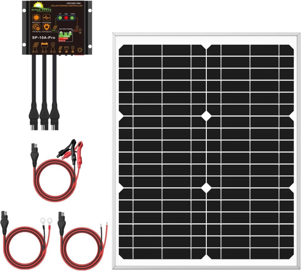 SUNER POWER 50 Watts Mono Crystalline 12V Solar Panel Kits - Waterproof 50W Solar Panel + Upgraded 10A Solar Charge Controller + 3-PCS SAE Cable Adapters for Car RV Marine Boat Trailer Off Grid System SUNER POWER 50 Watts Mono Crystalline 12V Solar Panel Kits - Waterproof 50W Solar Panel + Upgraded 10A Solar Charge Controller + 3-PCS SAE Cable Adapters for Car RV Marine Boat Trailer Off Grid System