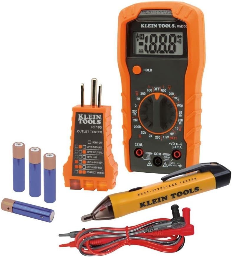 Klein Tools 69149P Electrical Test Kit with Digital Multimeter, Noncontact Voltage Tester and Electrical Outlet Tester, Leads and Batteries, Green,Red