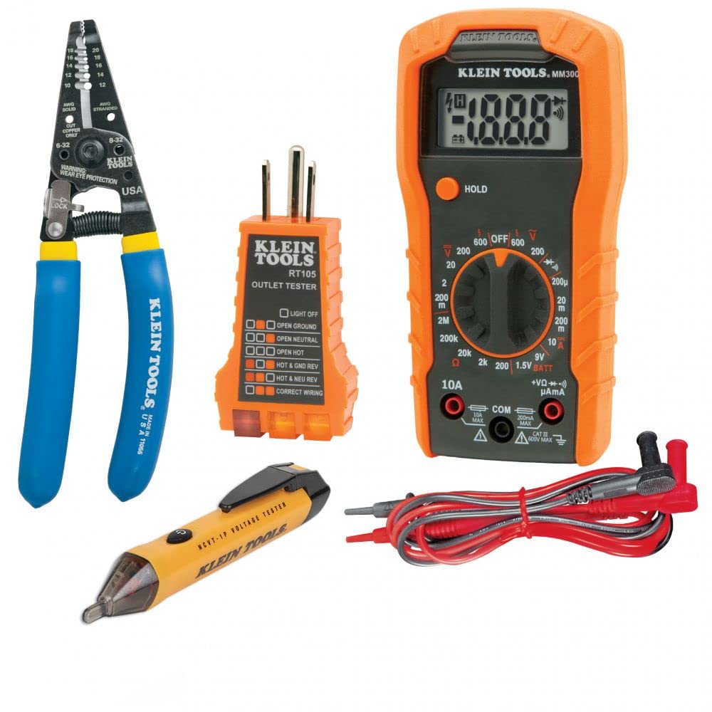 Klein Tools 81021 Electrical Tester Tool Kit with Multimeter, Non-Contact Voltage Pen, Receptacle Tester, Wire Stripper / Cutter, 4-Piece, Orange Klein Tools 81021 Electrical Tester Tool Kit with Multimeter, Non-Contact Voltage Pen, Receptacle Tester, Wire Stripper / Cutter, 4-Piece, Orange