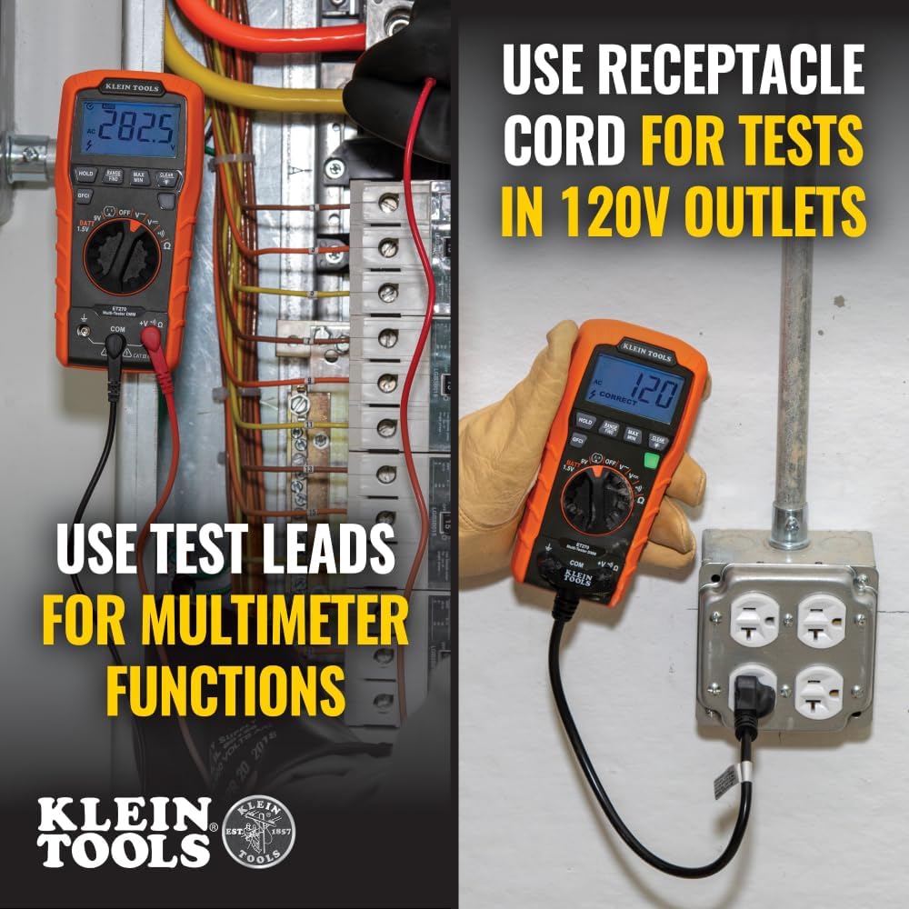 Klein Tools ET270 Auto-Ranging Digital Multi-Tester, AC/DC, Resistance, Continuity, GFCI Receptacle Tester with Test Leads and Receptacle Cord Klein Tools ET270 Auto-Ranging Digital Multi-Tester, AC/DC, Resistance, Continuity, GFCI Receptacle Tester with Test Leads and Receptacle Cord