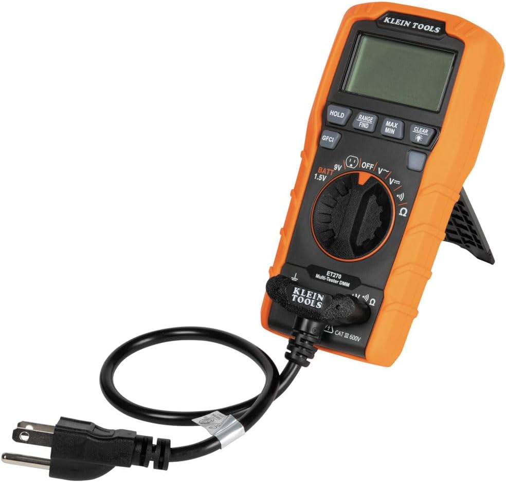 Klein Tools ET270 Auto-Ranging Digital Multi-Tester, AC/DC, Resistance, Continuity, GFCI Receptacle Tester with Test Leads and Receptacle Cord Klein Tools ET270 Auto-Ranging Digital Multi-Tester, AC/DC, Resistance, Continuity, GFCI Receptacle Tester with Test Leads and Receptacle Cord