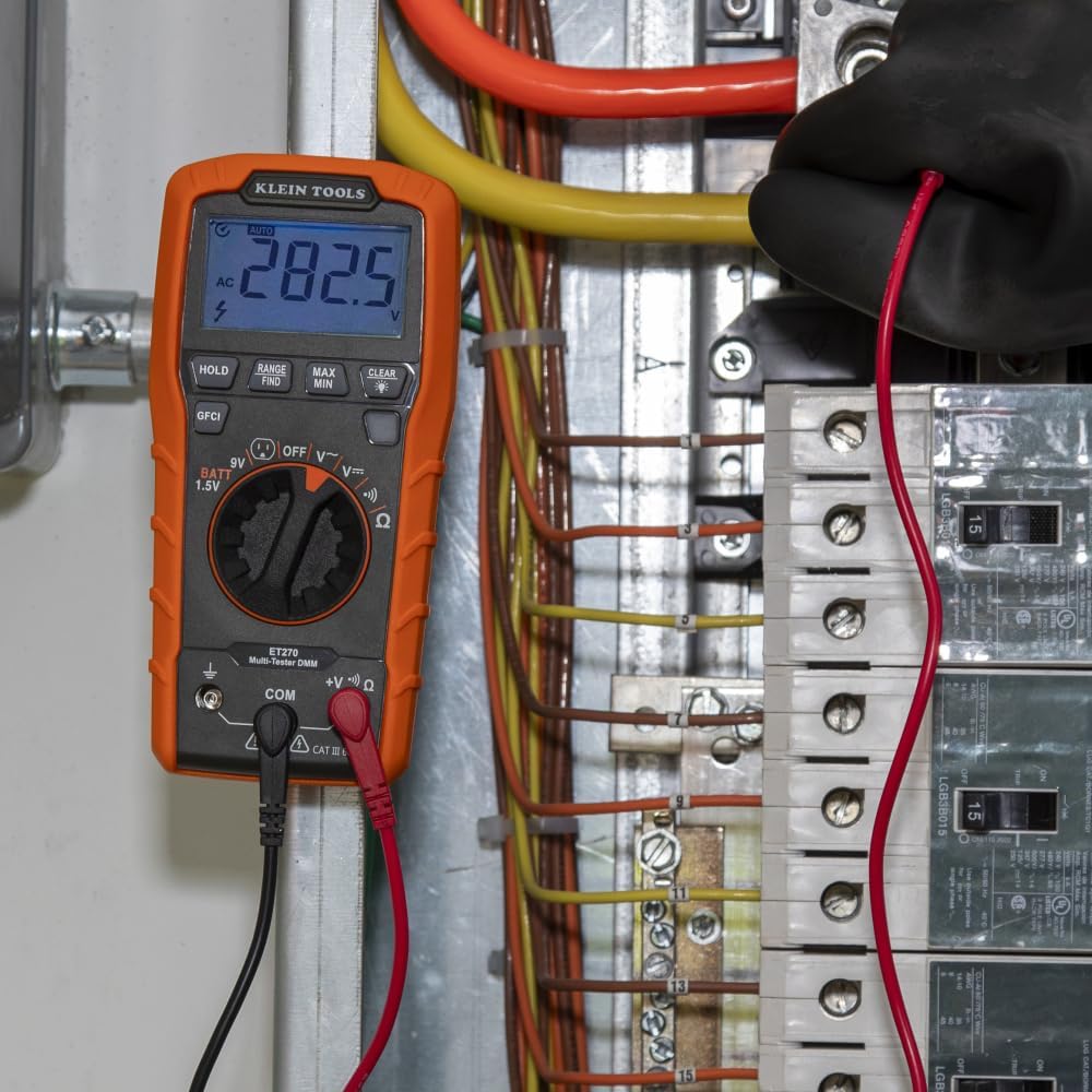 Klein Tools ET270 Auto-Ranging Digital Multi-Tester, AC/DC, Resistance, Continuity, GFCI Receptacle Tester with Test Leads and Receptacle Cord Klein Tools ET270 Auto-Ranging Digital Multi-Tester, AC/DC, Resistance, Continuity, GFCI Receptacle Tester with Test Leads and Receptacle Cord