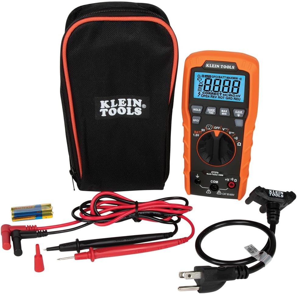 Klein Tools ET270 Auto-Ranging Digital Multi-Tester, AC/DC, Resistance, Continuity, GFCI Receptacle Tester with Test Leads and Receptacle Cord Klein Tools ET270 Auto-Ranging Digital Multi-Tester, AC/DC, Resistance, Continuity, GFCI Receptacle Tester with Test Leads and Receptacle Cord