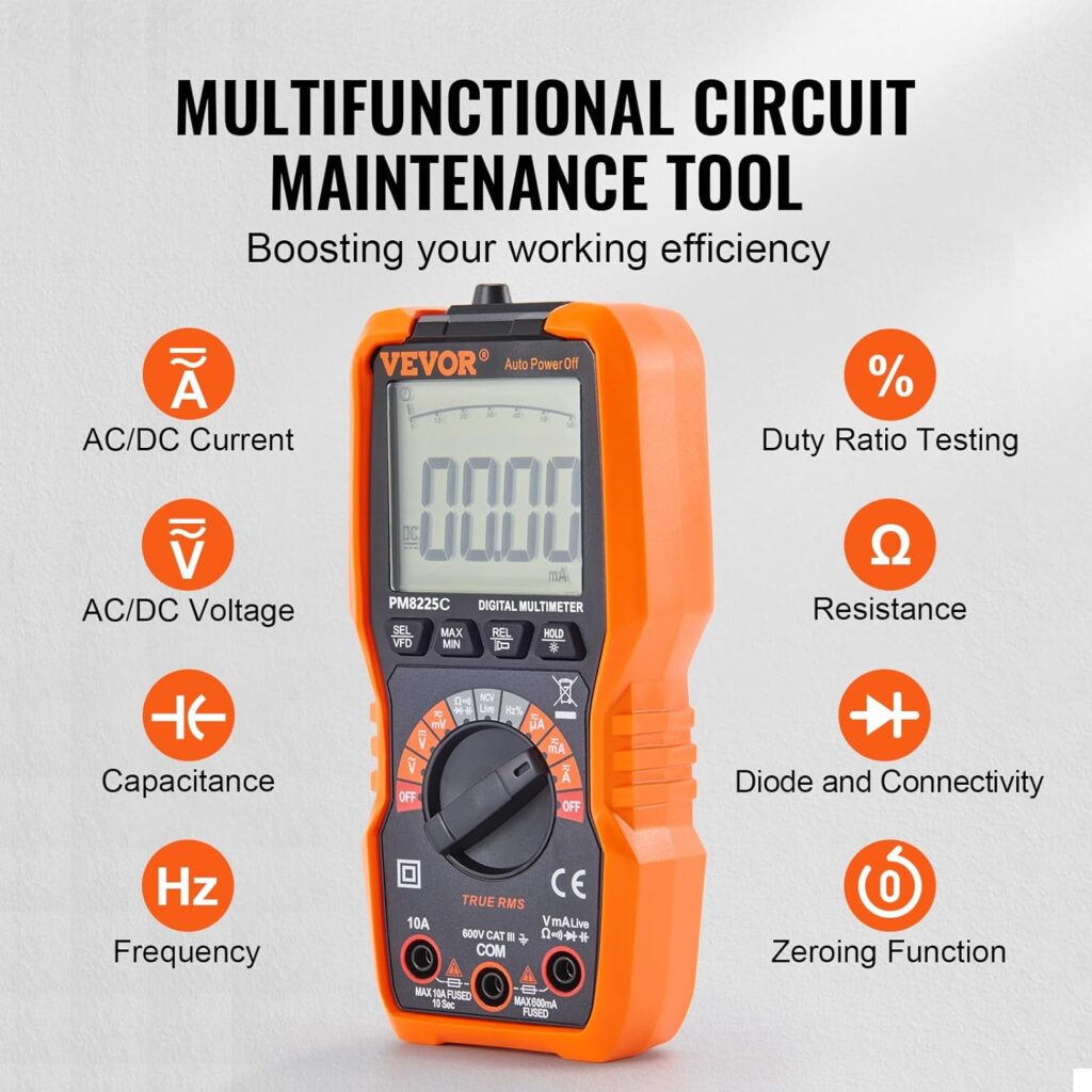 VEVOR Digital Multimeter, 6000 Counts, Multimeter Tester DC AC Voltmeter NCV, Ohm Volt Amp Tester, for Voltage Current Resistance Capacitance Continuity Diode Temperature Duty Ratio Frequency TRMS