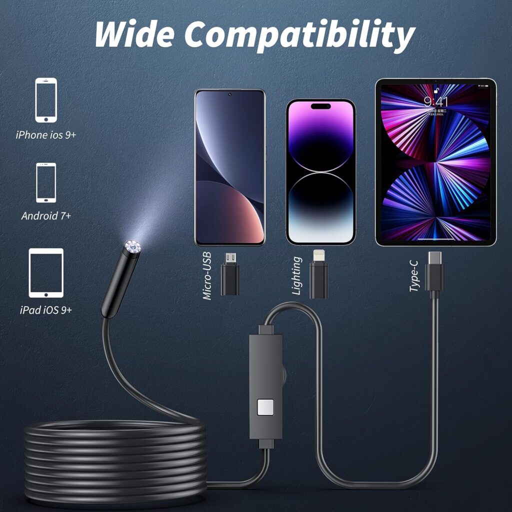 Endoscope Camera with Light, 1920P HD Borescope with 8 Adjustable LED Lights, Endoscope with 16.4ft Semi-Rigid Snake Camera, 7.9mm IP67 Waterproof Inspection Camera for iOS Endoscope Camera with Light, 1920P HD Borescope with 8 Adjustable LED Lights, Endoscope with 16.4ft Semi-Rigid Snake Camera, 7.9mm IP67 Waterproof Inspection Camera for iOS